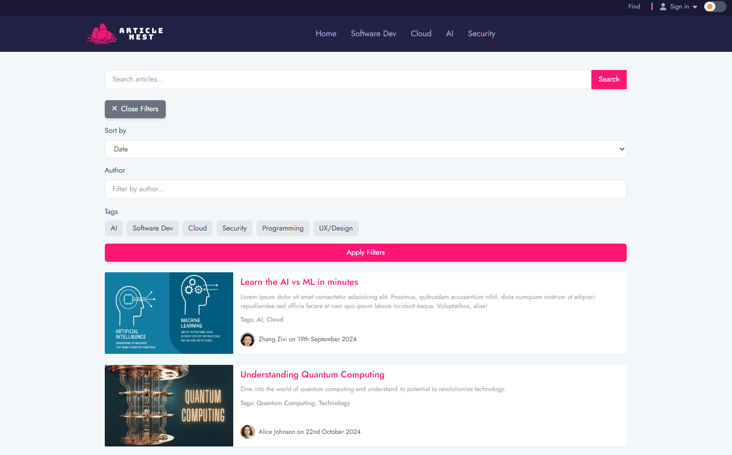 Article Nest blog homepage